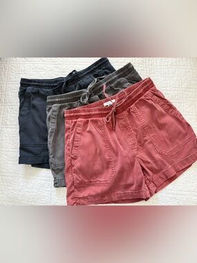 Daily Ritual Cargo Style Drawstring Shorts Trio in Brick Red, Grey, and Navy